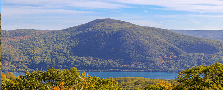 Photograph of the Hudson Valley in NYS in the fall. Colorful trees, water, and mountains can be seen in the distance.